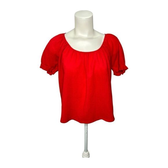Madewell Texture & Thread Red Scoop Neck Puff Sleeve Top Sz Small‎ - Picture 1 of 6